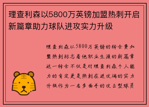 理查利森以5800万英镑加盟热刺开启新篇章助力球队进攻实力升级